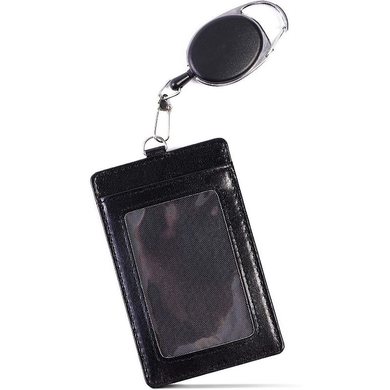 Juvale Retractable Reel with Genuine Leather Vertical Badge ID Card Holder, 2 Back Slots for Extra Cards, Black