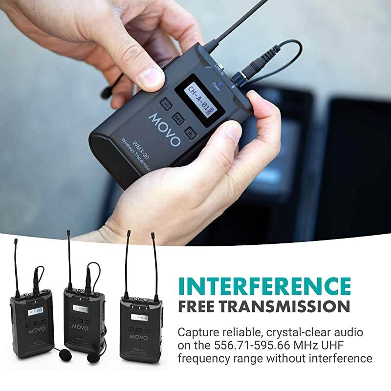 WMX20DUO 48Channel UHF Wireless Lavalier Microphone System with 1 Receiver 2 Transmitters and 2 Lapel Microphones Compatible with DSLR Cameras 330 ft Audio Range