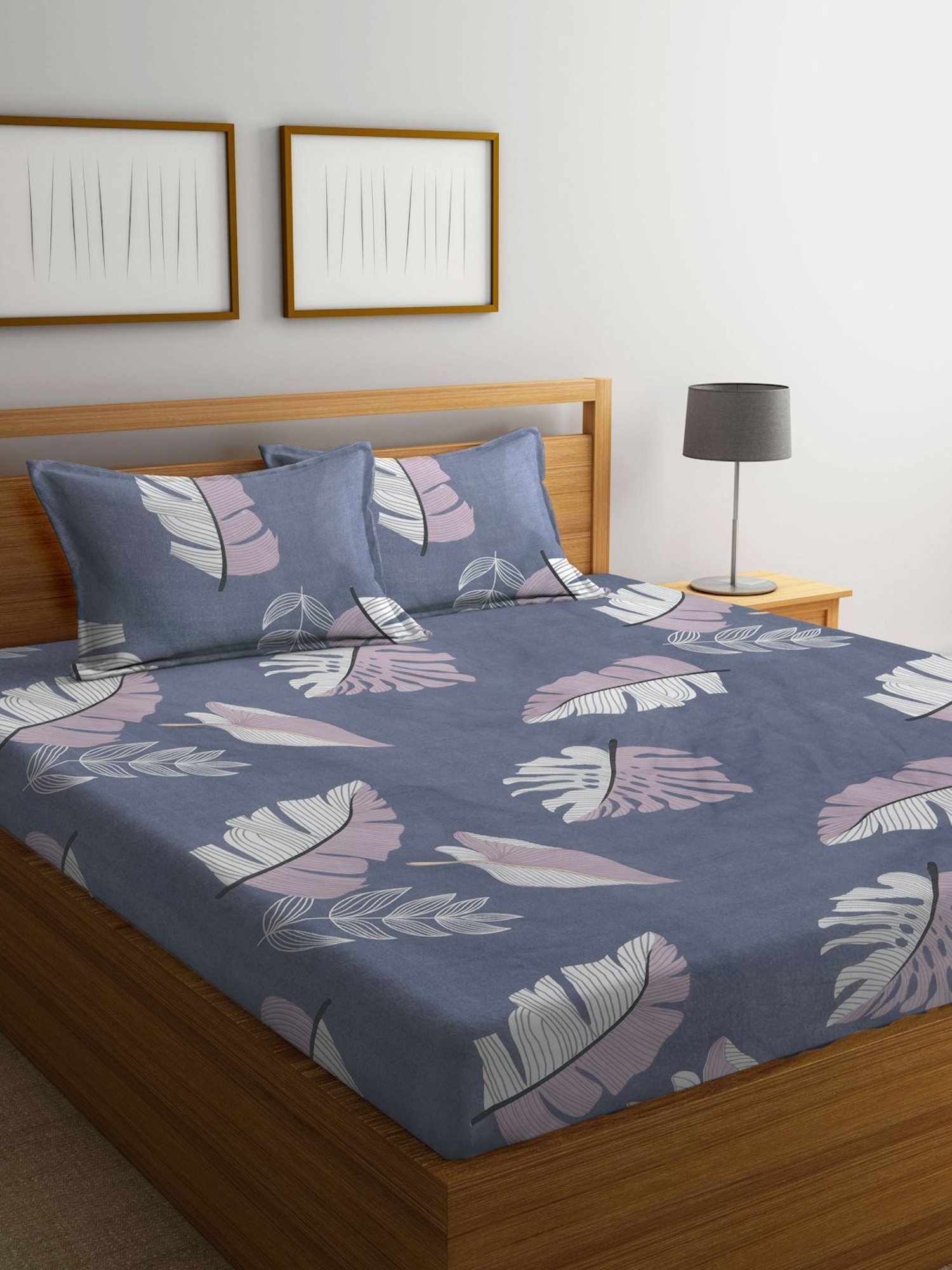 Klotthe Printed Grey 300 TC Cotton Blend King Bed Sheet with 2 Pillow Covers