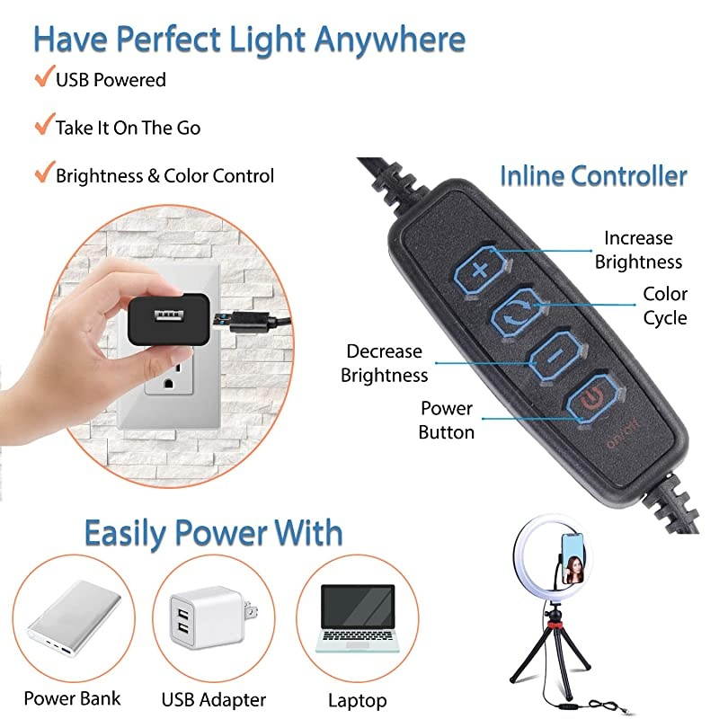 12" LED Selfie Ring Light with Desktop Phone Tripod, Compatible with iPhone & Android, 3 Color Modes, Premium Adjustable Camera Stand, Flexible Legs, Wireless Bluetooth Remote, USB Powered