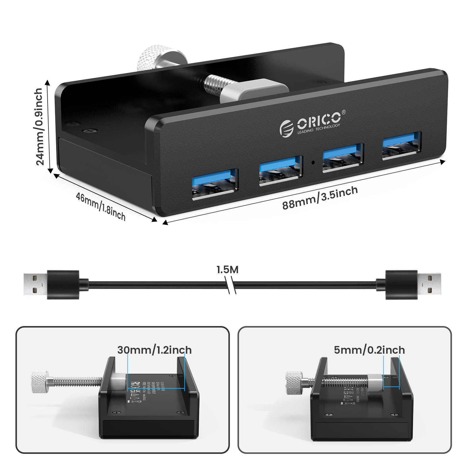ORICO MH2AC-U3 Aluminum 2 Ports USB 3.0 Clip-type HUB With SD Card Reader For Desktop Laptop Clip Range 10-32mm With 4.95FT ( 1.5Meter) Date Cable - Silver