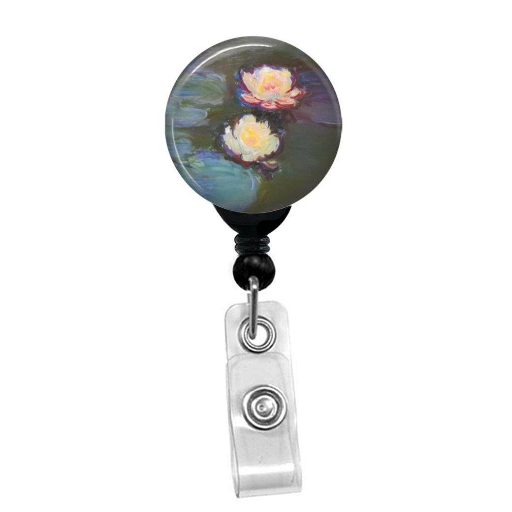 Claude Monet - Water Lilies - Retractable Badge Reel - ID Name Tag Custom Badge Holder (Black Badge Reel with Spring Pinch Clip)