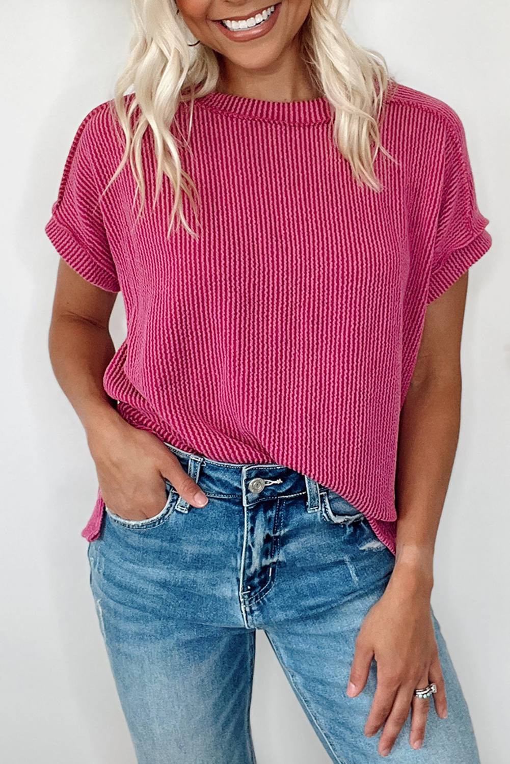 Rose Red Crinkle Rib Textured Knit Round Neck T Shirt