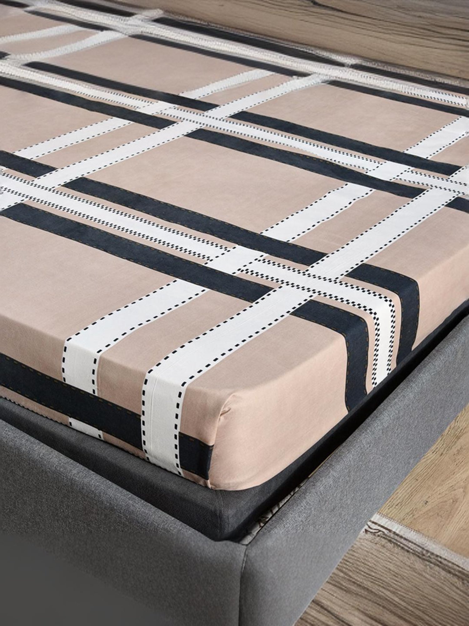 @Home Ammara Beige & Black 90 GSM Polyester Double Bedsheet with 2 Pillow Covers