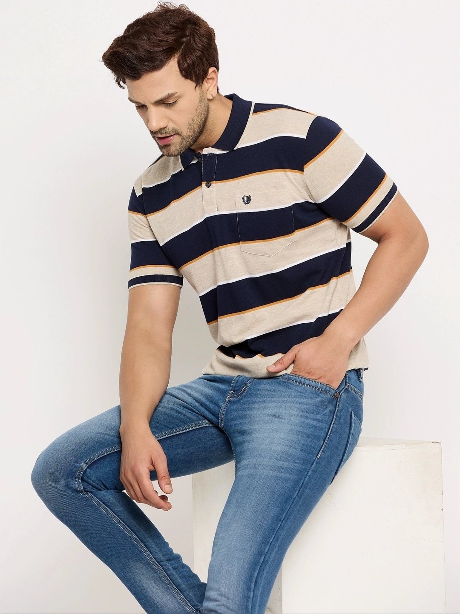 Duke Beige Regular Fit Striped Polo T-Shirt
