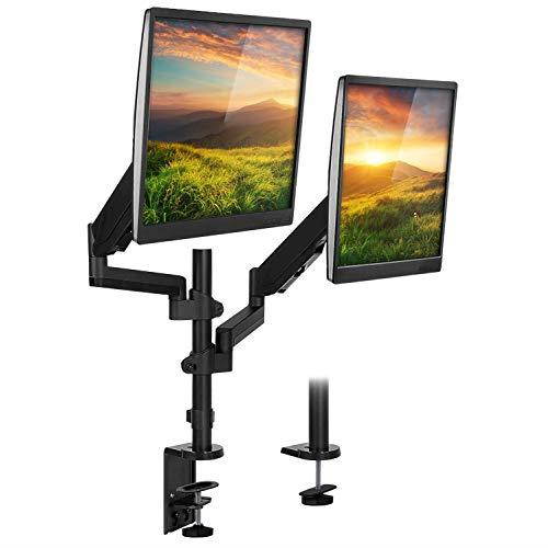 Dual Monitor Arm Mount Desk Stand | 2 Vertical Stackable Arms | Articulng Double Gas Springs Height Adjustable | Two 24 27 29 30 32 Inch VESA 75 100 Compble Screens | Clamp and Grommet