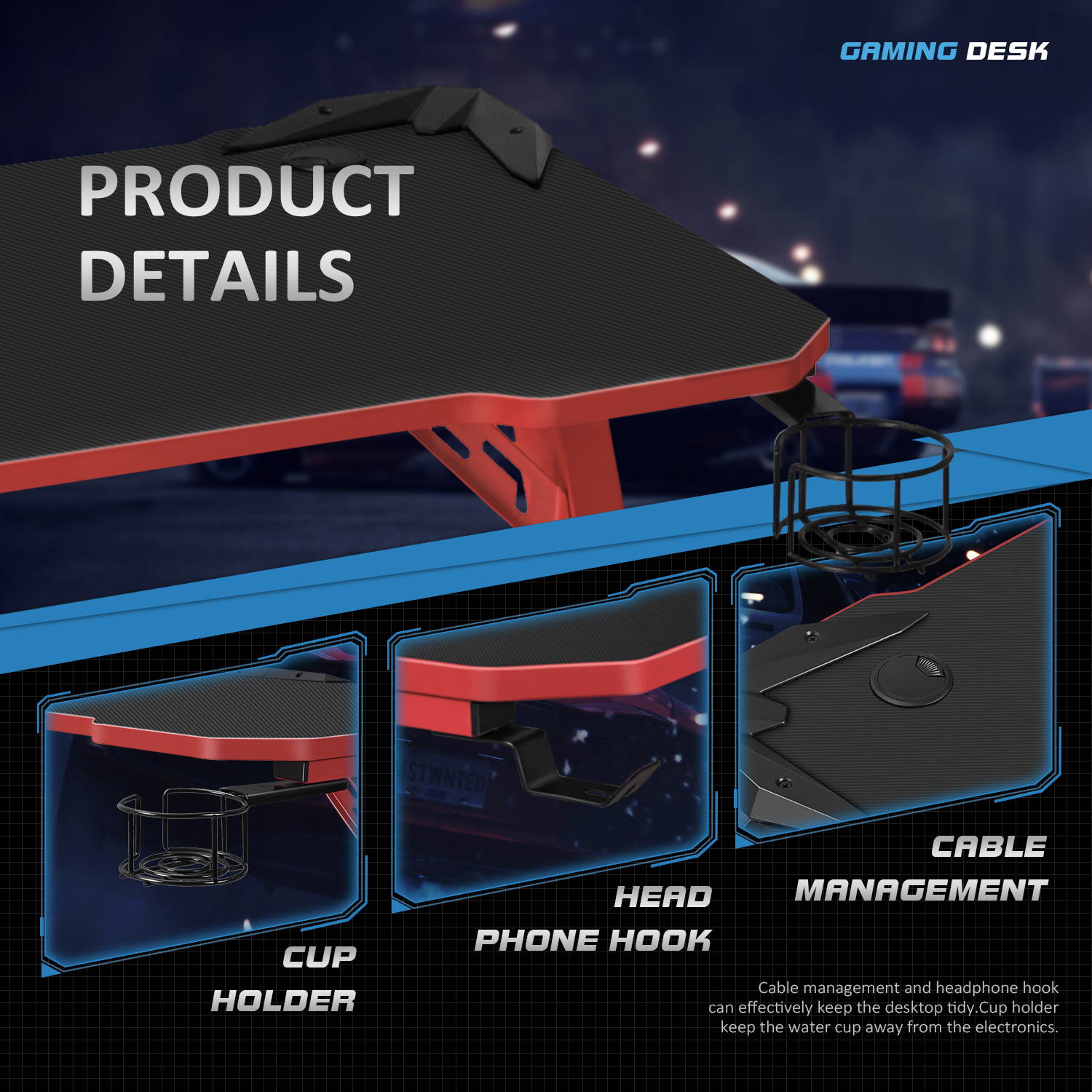 Homall Computer Gaming Desk Large Carbon Fiber Surface Computer Table Z-shaped Feet PC Desk with Cup Holder Headphone Hook Game Handle Rack (Black)