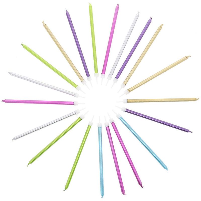 Blue Panda 48-Pack Multicolored Metallic Long Thin Birthday Cake Candles 5-Inch with Holders