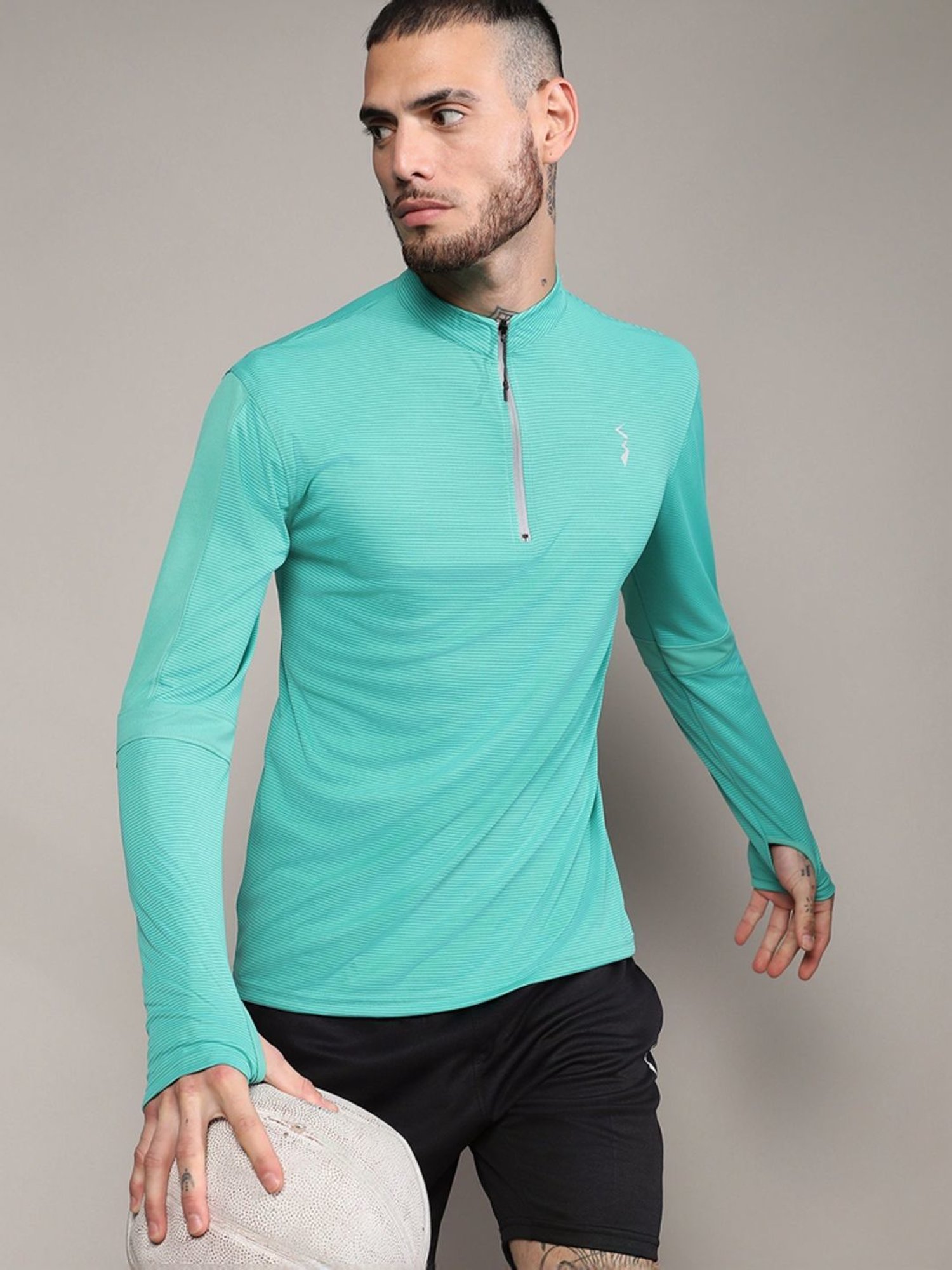 Campus Sutra Green Regular Fit Striped Henley T-Shirt