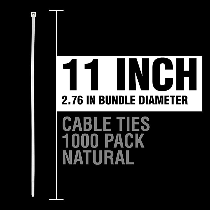 ZipIts Cable Ties 11-in 75 Lb Tensile Strength Standard Duty Self Locking Natural Zip Ties, 1,000 Pack, UL Listed, Contractor Quality and Strength