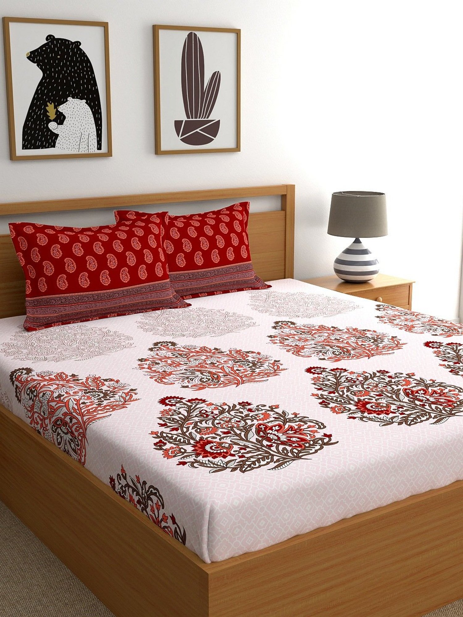 My Room Floral White & Red 140 TC Cotton Queen Bed Sheet with 2 Pillow Covers