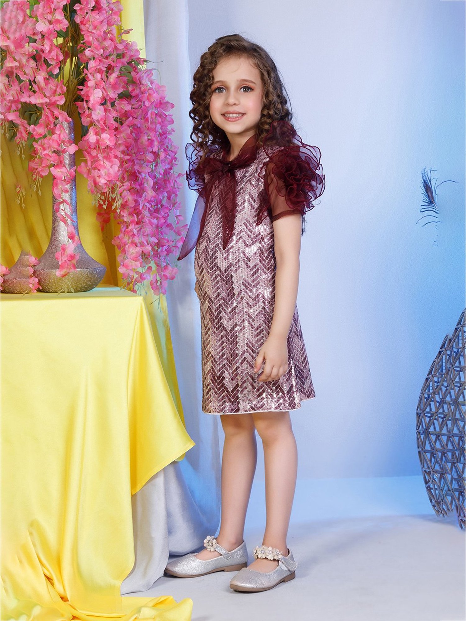 Peppermint Kids Maroon Embellished Dress