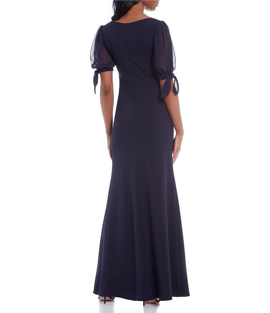 Betsy & Adam Chiffon Short Tie Sleeves Scuba Crepe Gown