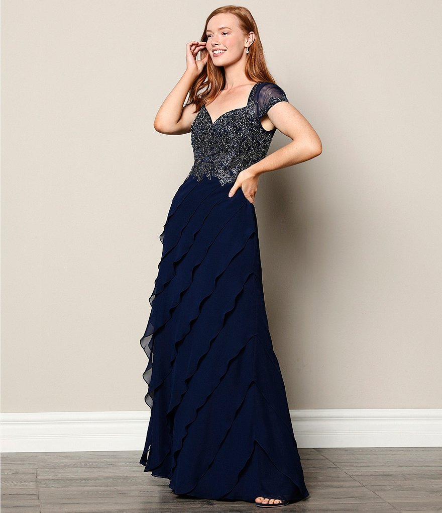 Xscape Embroidered Bodice Cap Sleeve Sweetheart Neck Tiered Gown