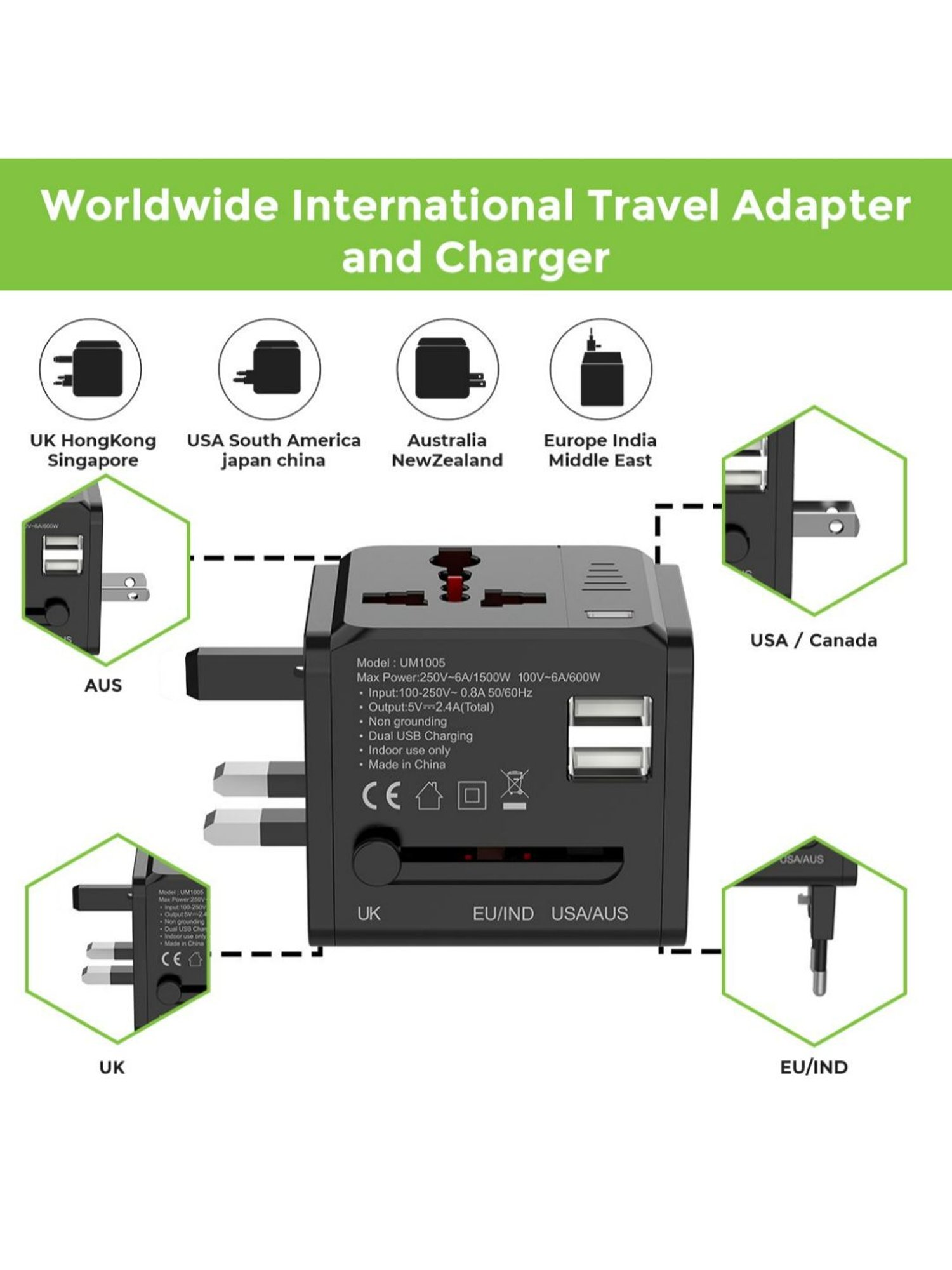 UltraProlink UM1005WTA World Travel Adapter & Converter Plug With Dual USB & Multipurpose Charger