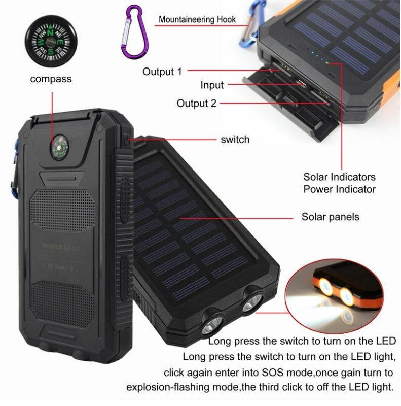 2020 Waterproof 900000mAh USB Portable Solar Charger Solar Power Bank For Phone