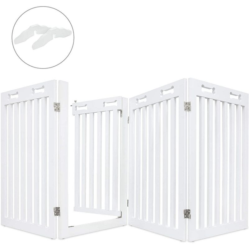 Arf Pets Freestanding Dog Gate with Walk Through Door, 4 Pannel, Expands Up to 80" Wide, 31.5" High - Bonus Set of Foot Supporters Included - White