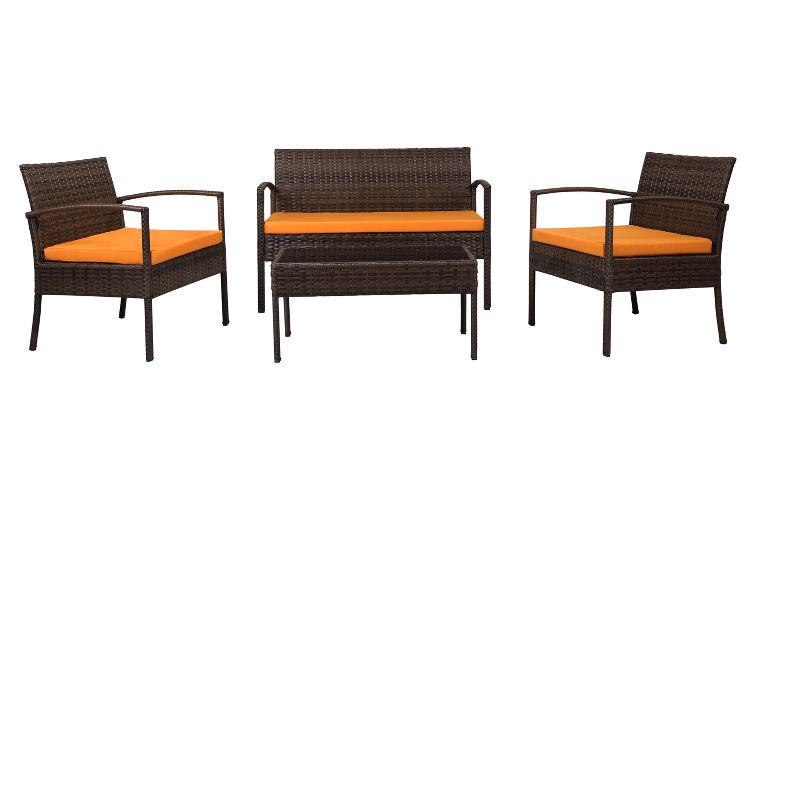 4pc Wicker Teaset - Dark Brown with Orange Cushions - Thy Hom
