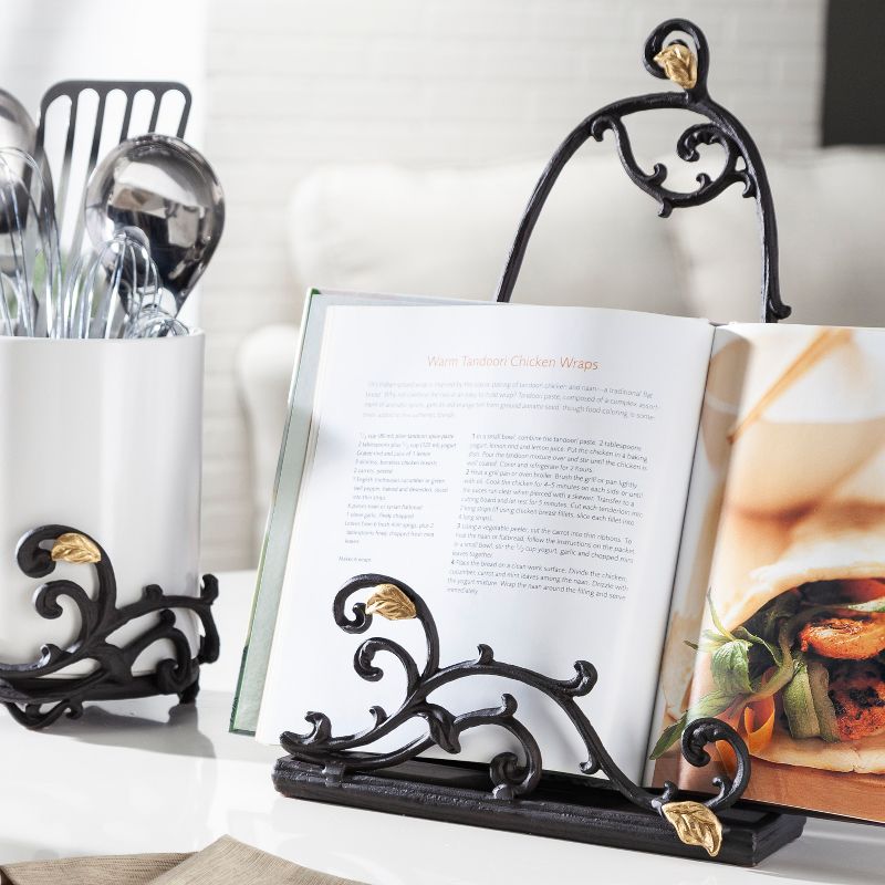 GG Collection 15-Inch Tall Gold Leaf Ceramic Message Board or Book Holder, White Stoneware and Metal Espresso Brown Vines with Golf Leaf Accents