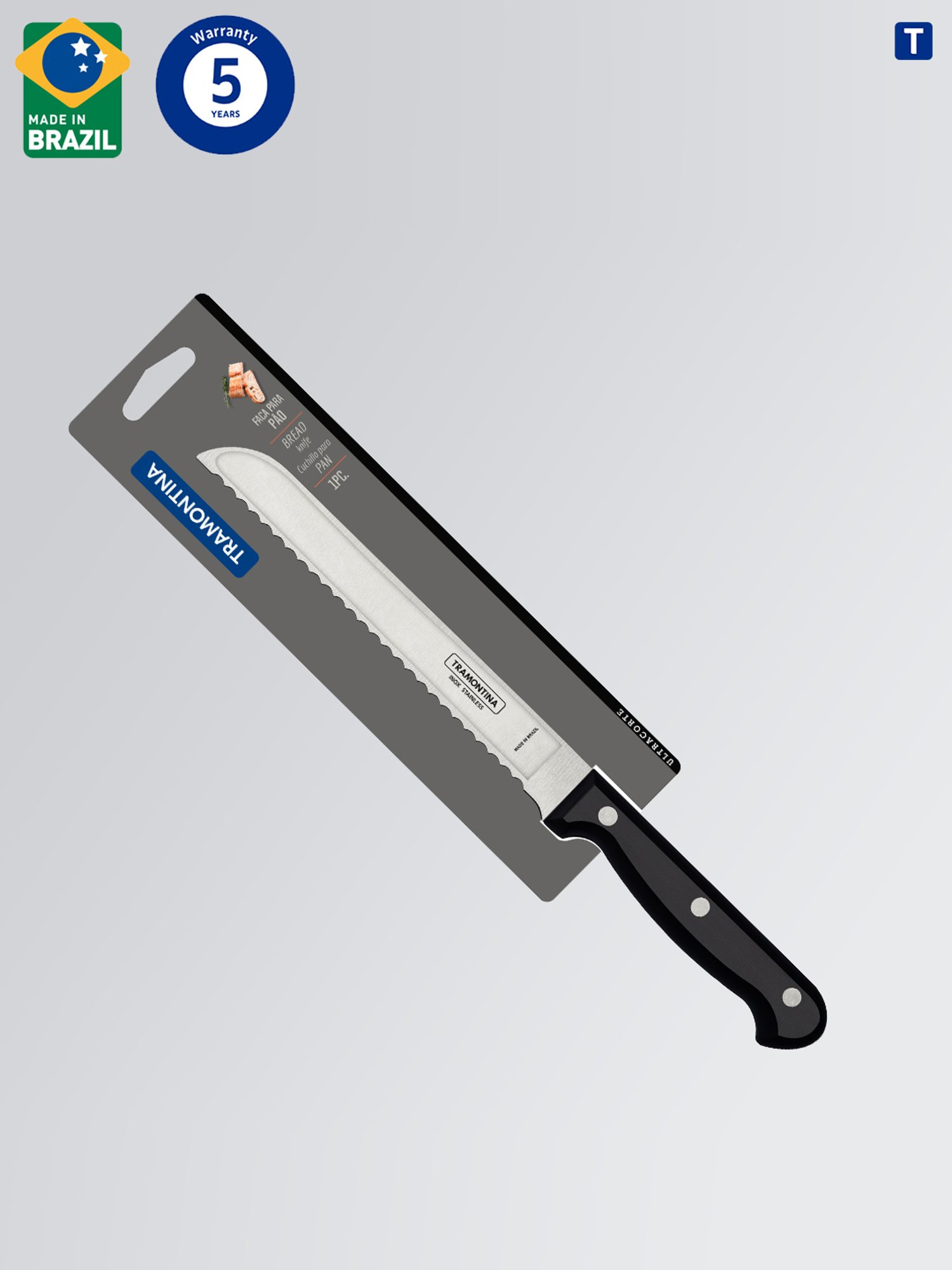 Tramontina Ultracorte Stainless Steel Bread Knife Serrated Edge 6.6" Kitchen Knife Antimicrobial
