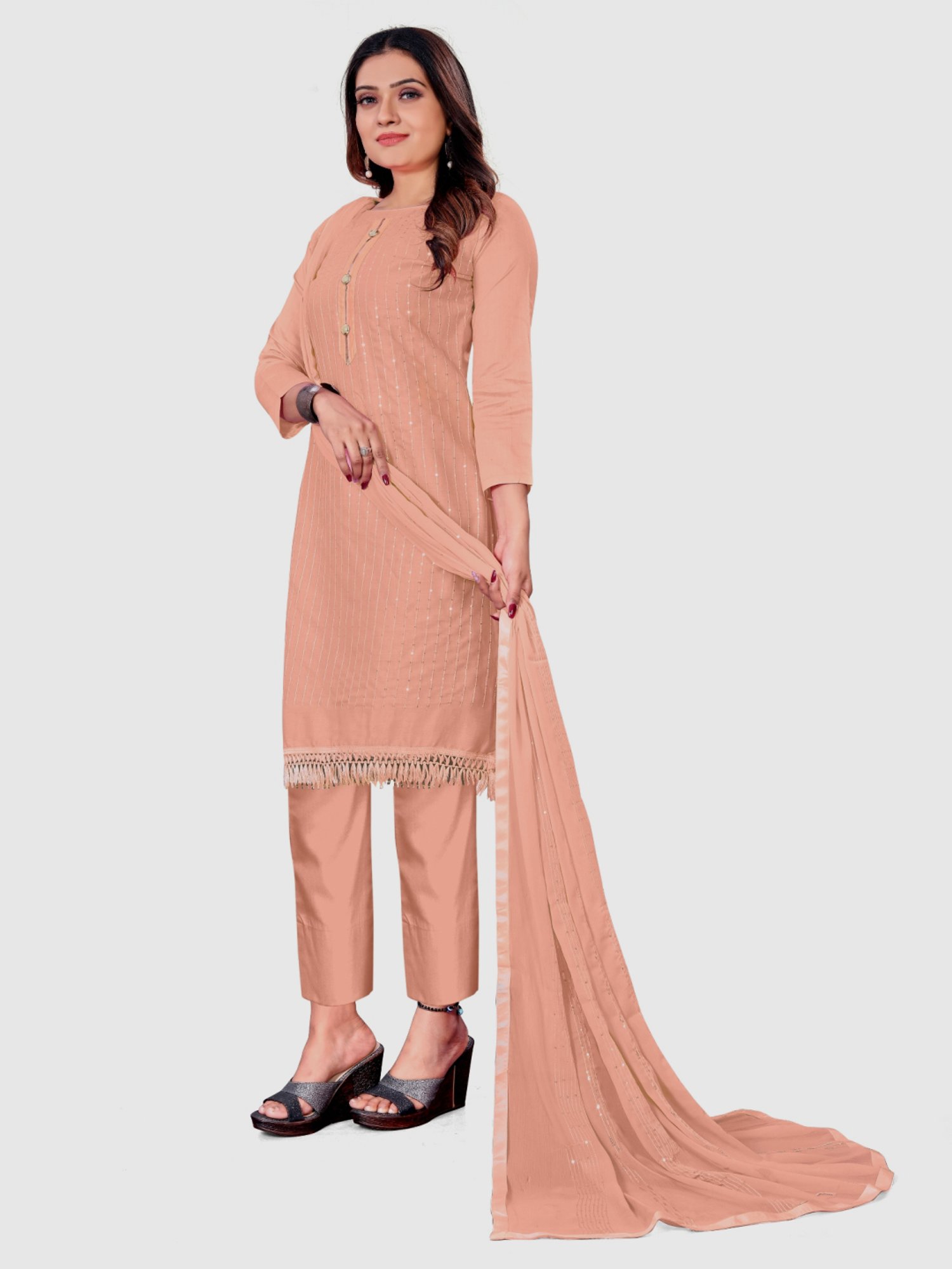 APNISHA Peach Cotton Embroidered Unstitched Dress Material