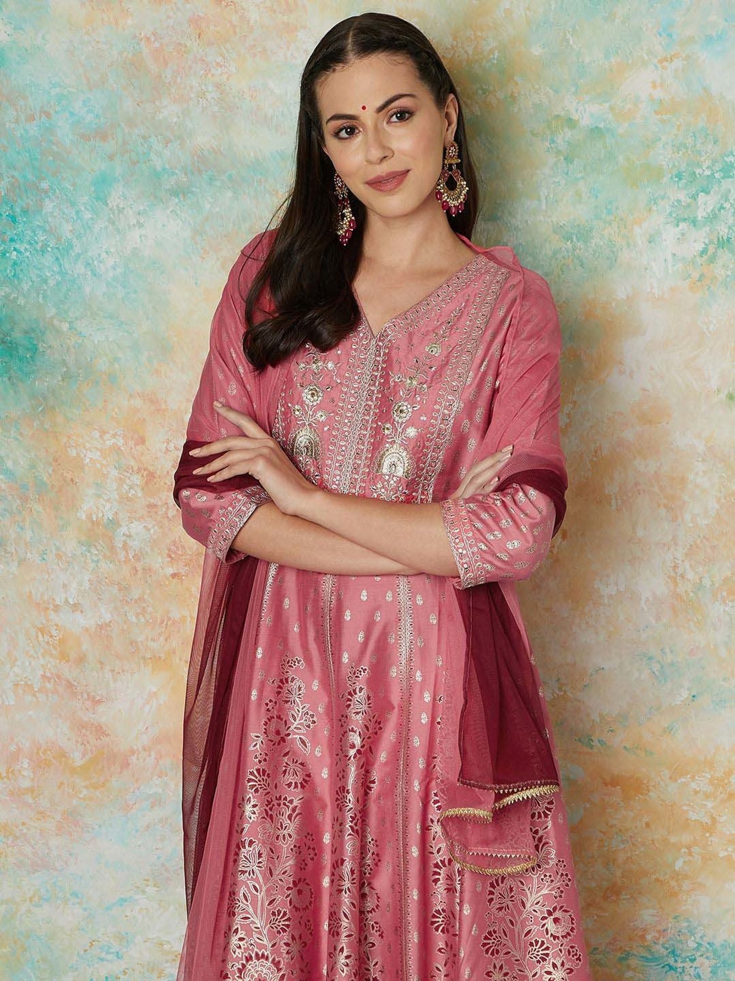 Melange by Lifestyle Pink Embroidered Kurta & Pant Set With Dupatta