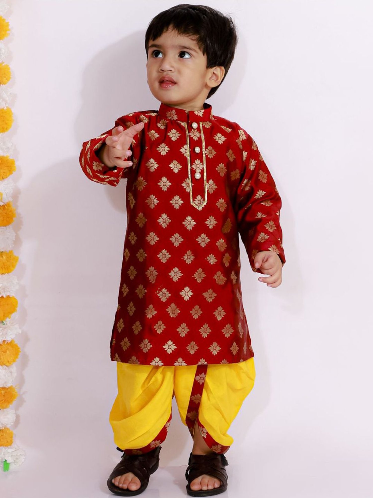 Little Bansi Kids Maroon & Yellow Embellished Kurta Set