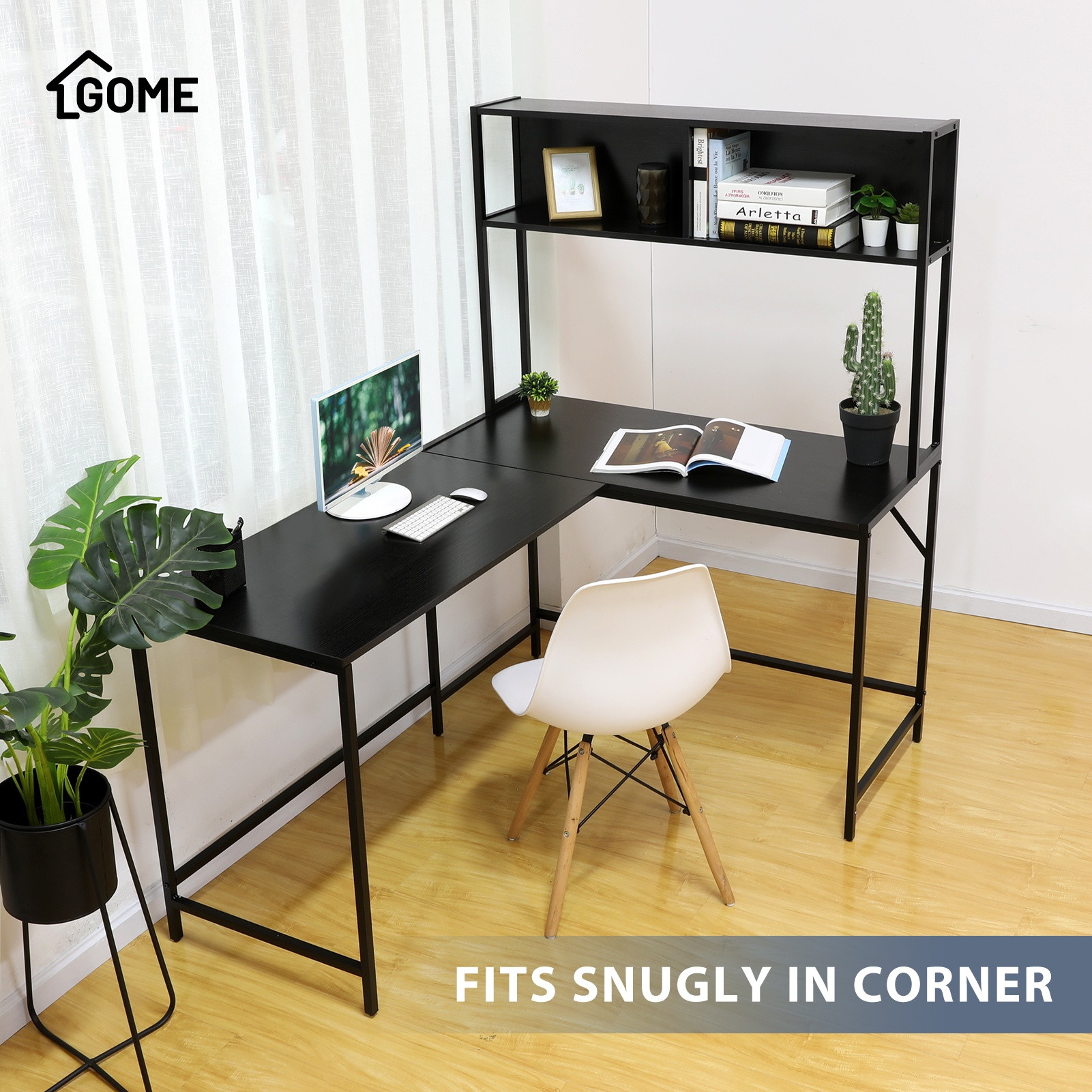 Gome L-Shaped Corner Desk with Hutch - Reversible Computer Writing Desk with Storage Bookshelf, Large PC Study Desk with Shelves, Modern Work Desk Gaming Table for Home Office