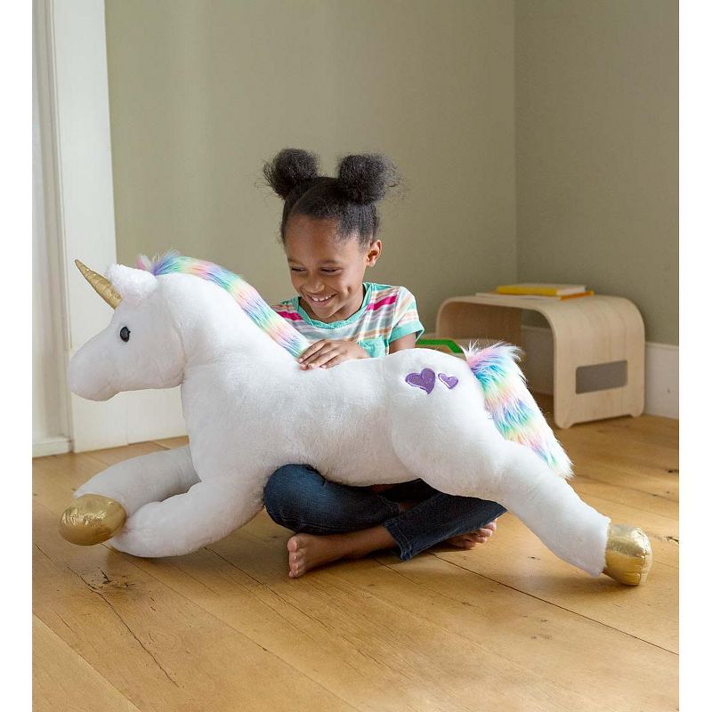 Magic Cabin - Razzle the 40"L Jumbo Plush Unicorn with Embroidered Hearts, and Rainbow Tail and Mane