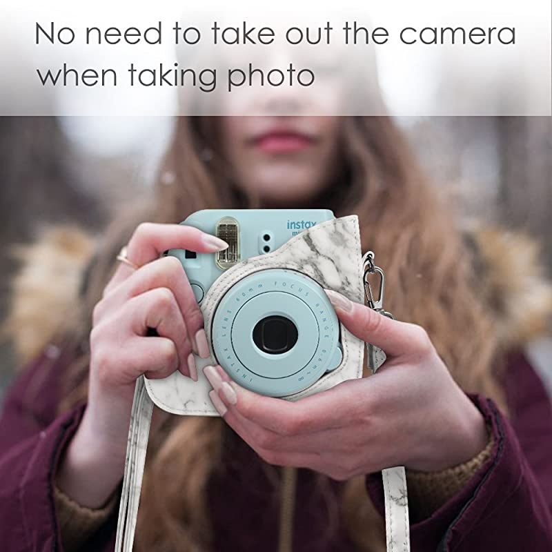 Protective Case Compatible with Fujifilm Instax Mini 8 Mini 8+ Mini 9 Instant Camera Premium Vegan Leather Bag Cover with Removable Strap Marble