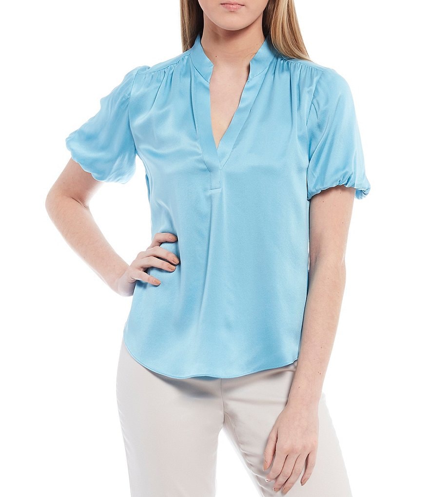 Antonio Melani Morgan Sandwashed Stretch Silk-Blend Short Puff Sleeve Mandarin Collar Neck Blouse