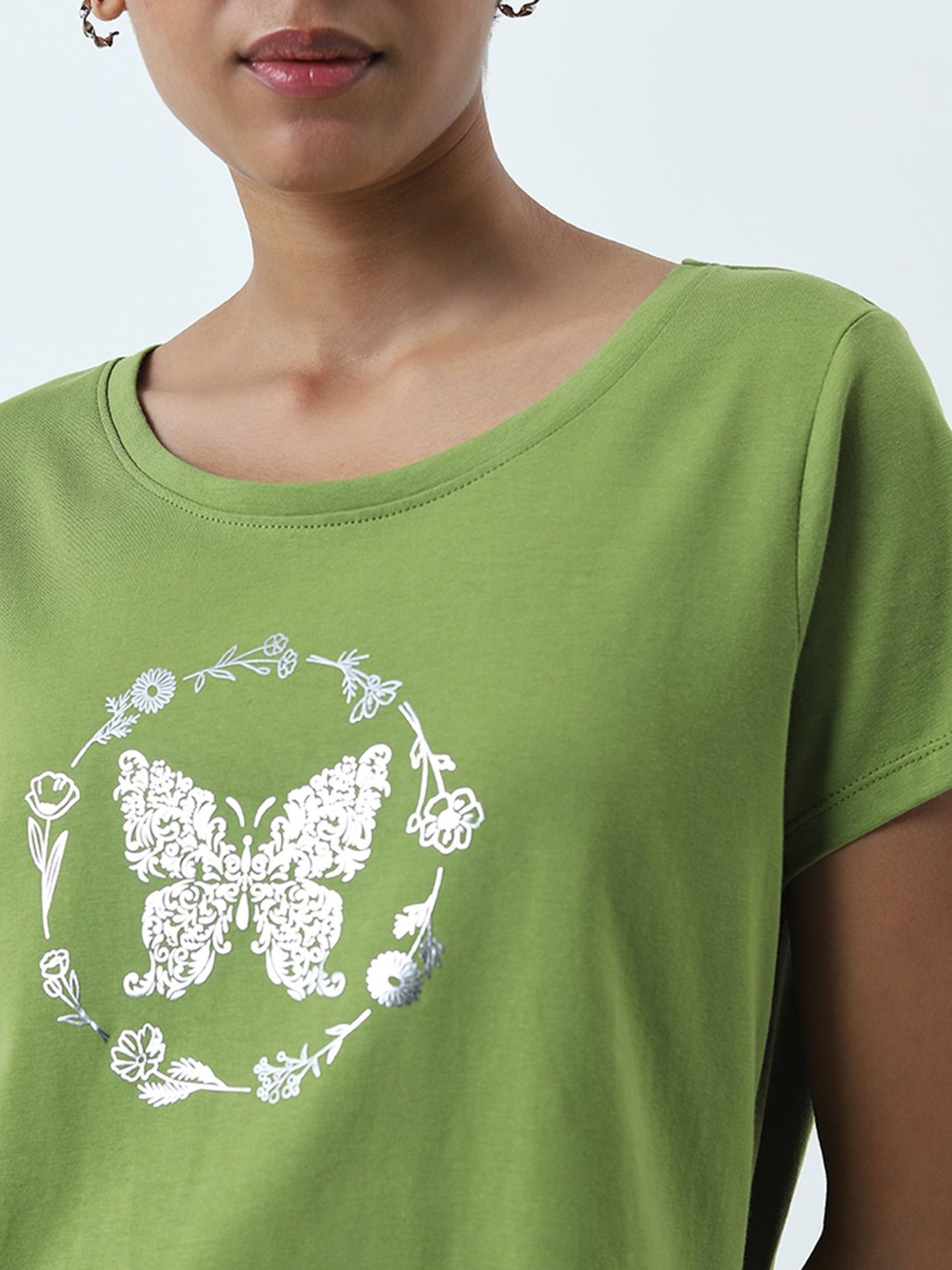LOV by Westside Green Printed Cotton T-Shirt