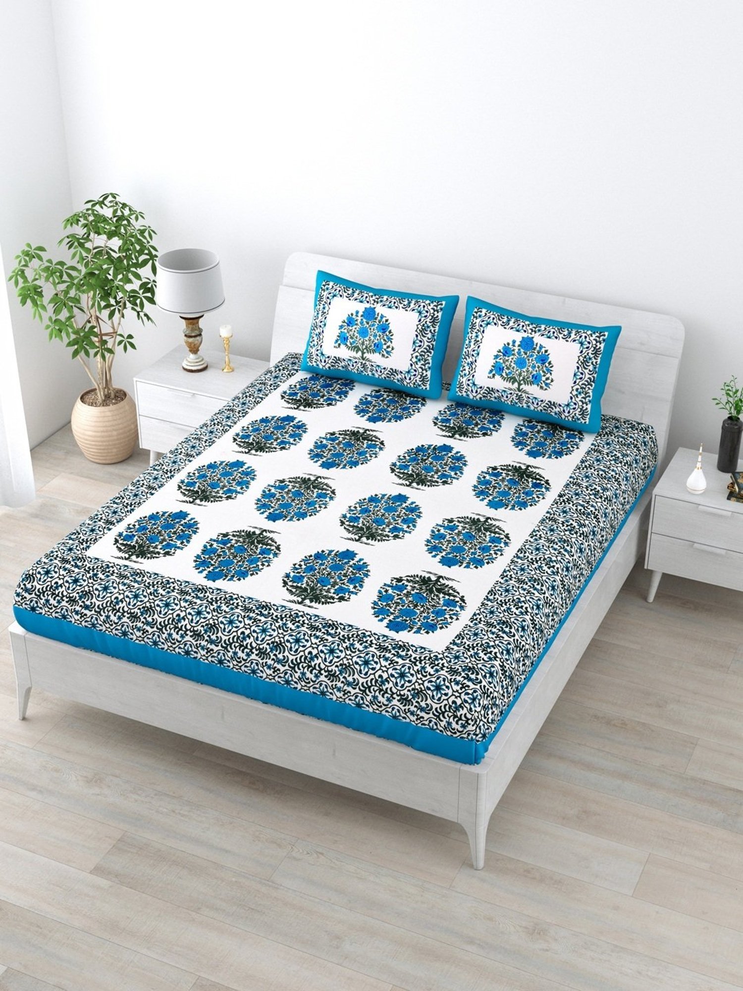 Living Roots Jaipuri White & Blue 210 TC Cotton Queen Bed Sheet with 2 Pillow Covers