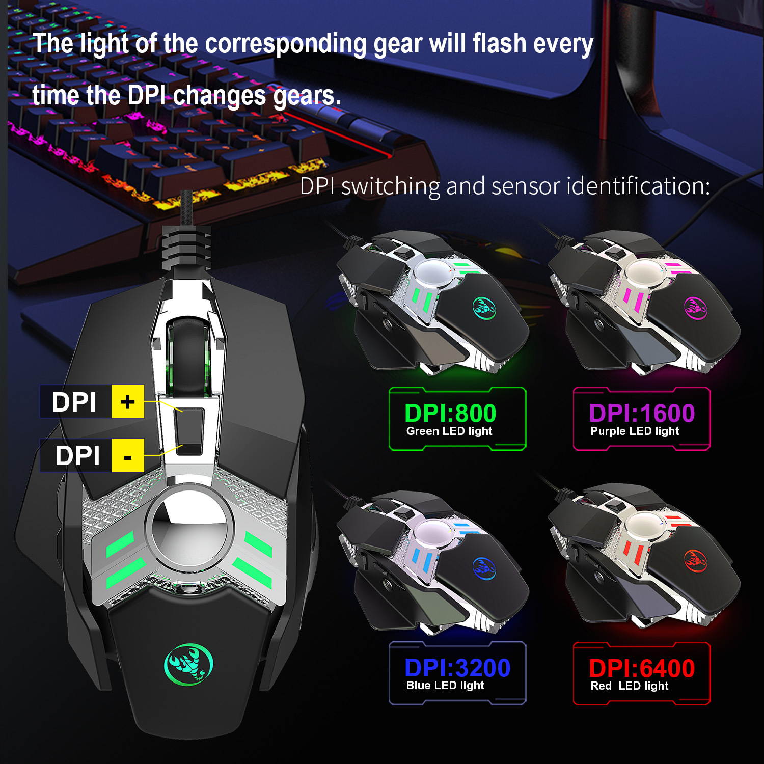 Wired Gaming Mouse 6400DPI 7Key Macro Definition Programmable Wired Mouse Gamer Mice Breathing light for Computer Laptop PC PUBG