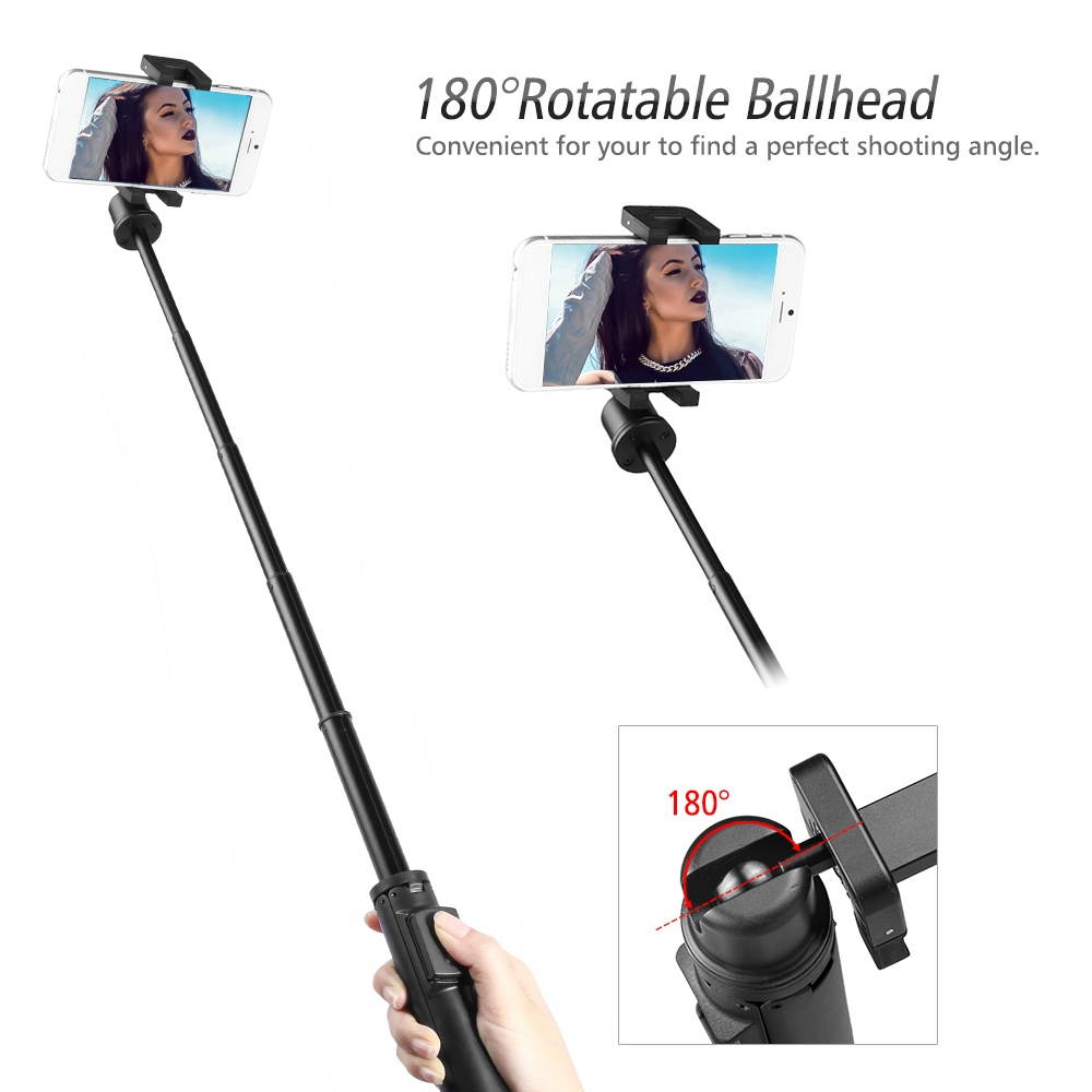 KINGJOY 2 In 1 Multifunctional Selfie Stick Mini Tripod with BT Remote Control Adjustable Phone Clip Clamp Mini Ballhead for iPhone X/XS/8P Samsung Huawei Smartphone Cellphone Portable