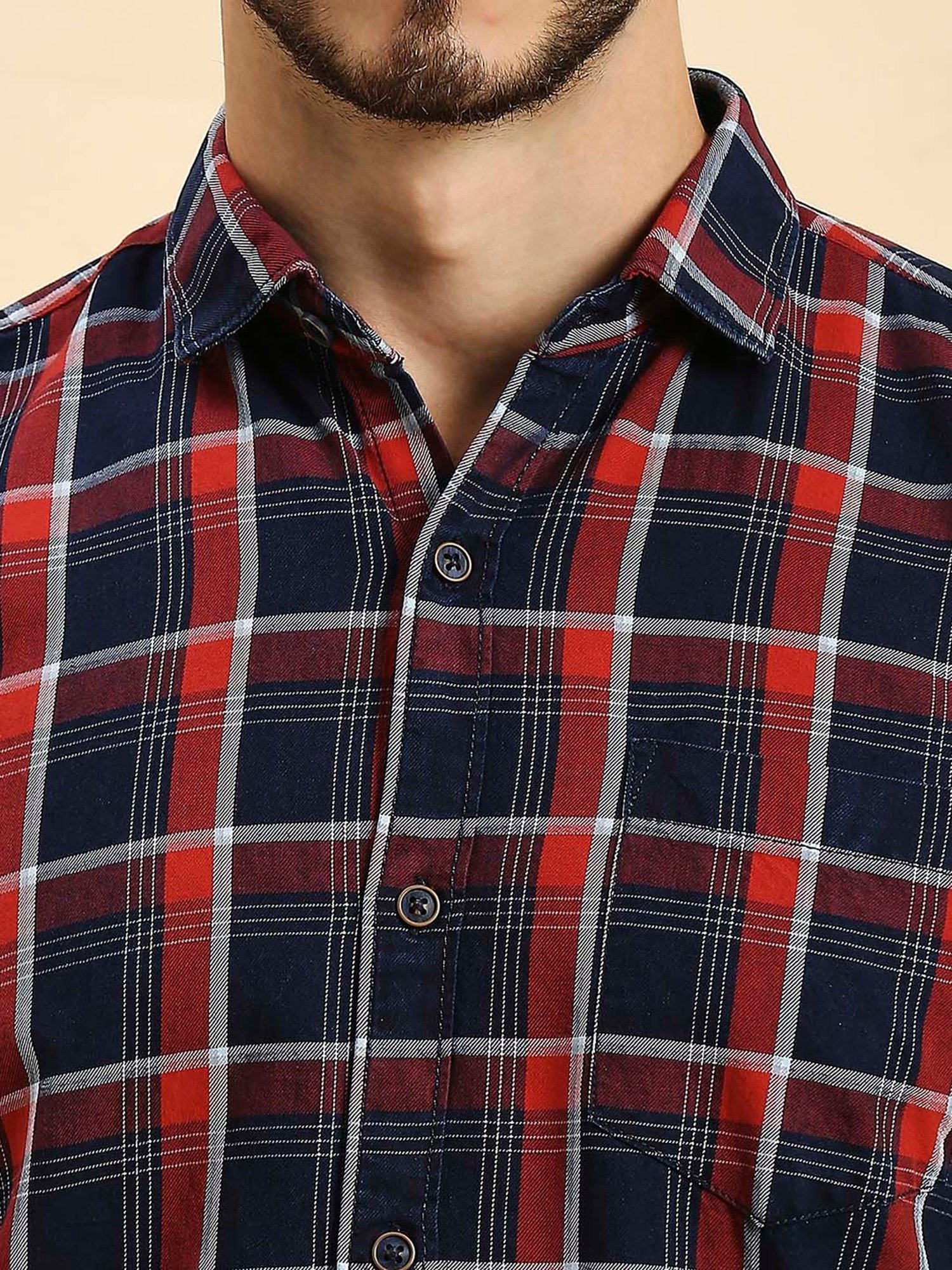 HJ HASASI Navy Slim Fit Check Cotton Shirt
