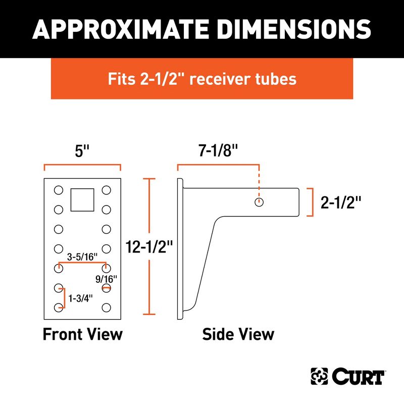 Curt 48349 2.5 Inch Receiver Adjustable 7 Hole Pintle Mount Trailer Hitch Mounting Plate, 20,000 Pounds GTW, 12.5 Inch Plate, 10.75 Inch Shank