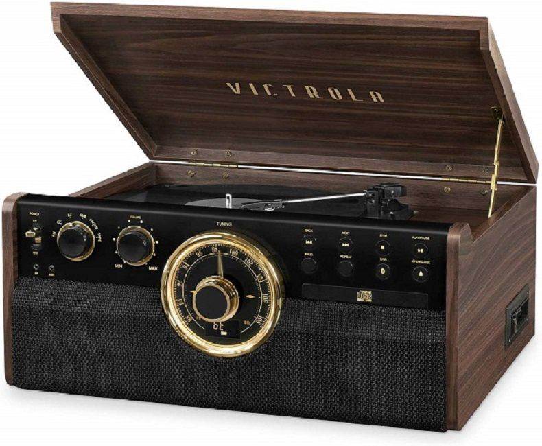 Victrola 6 in 1 Wood Bluetooth Mid Century Record Player with 3 Speed Turntable CD Cassette Player and Radio Espresso