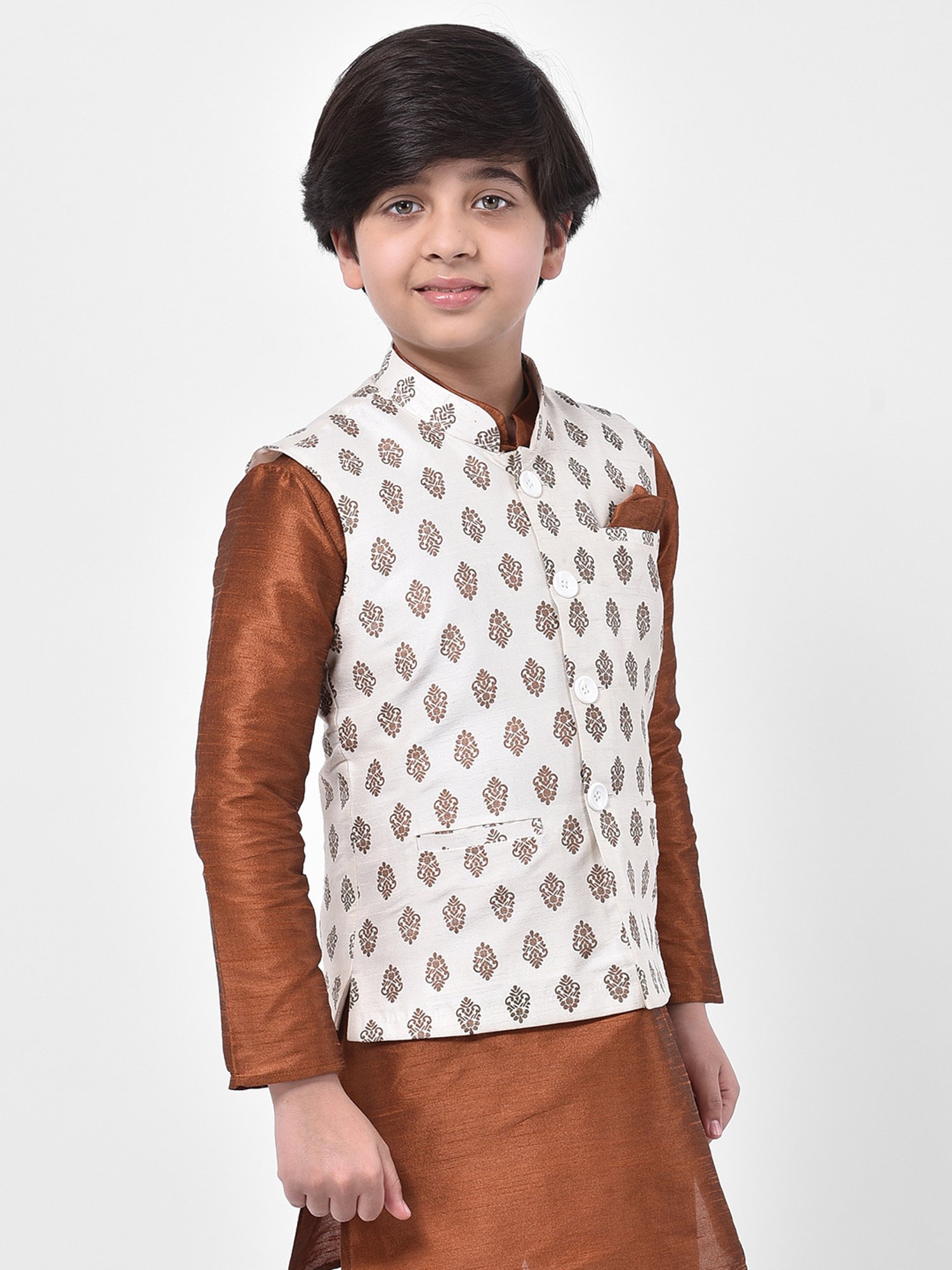 Deyann Kids Off White Printed Nehru Jacket