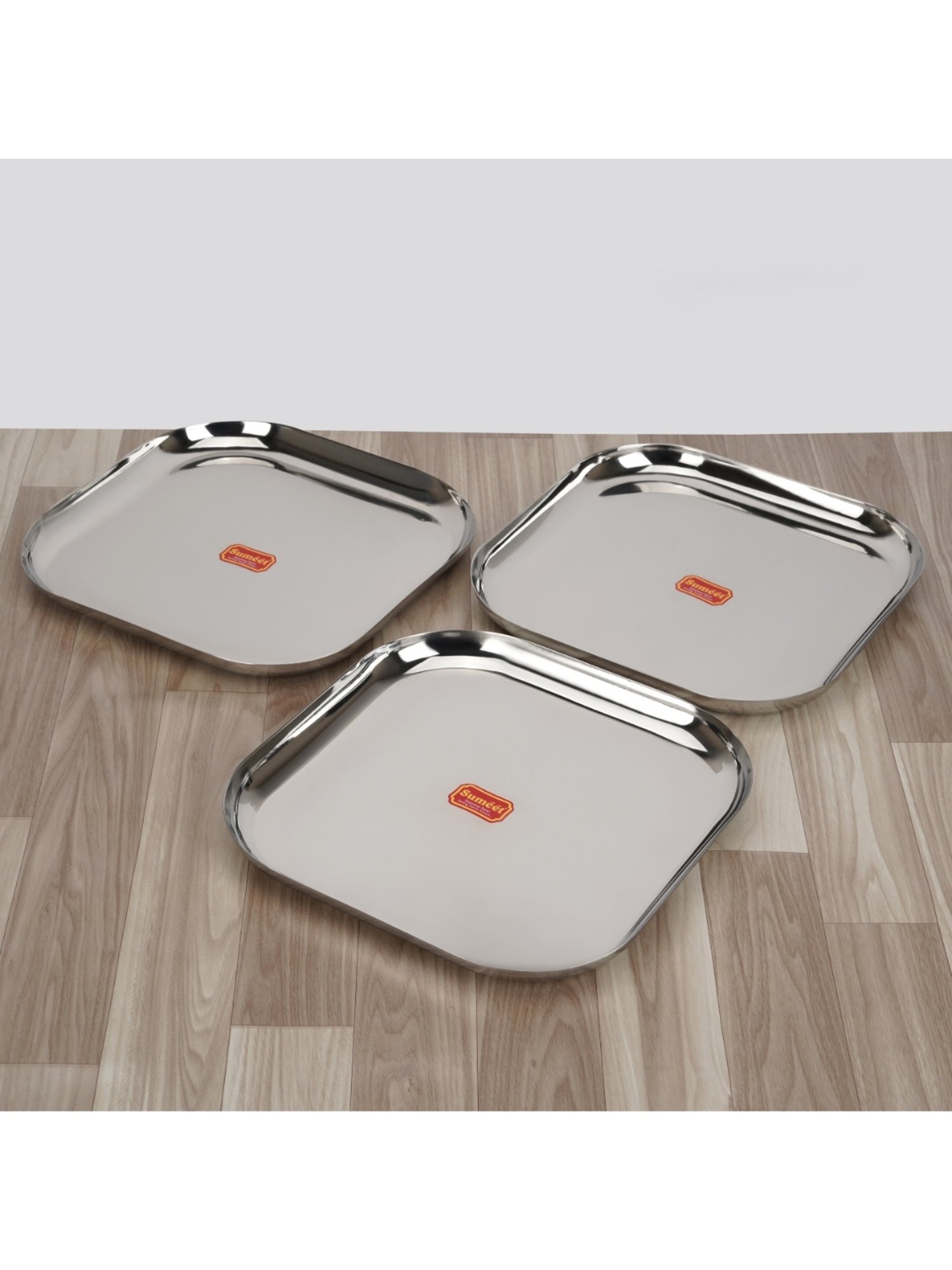 Sumeet S.S. Big Square Shape Plate/Dinner Plate/Lunch-Meal Plate Set of 3pcs, 28cm dia, Silver