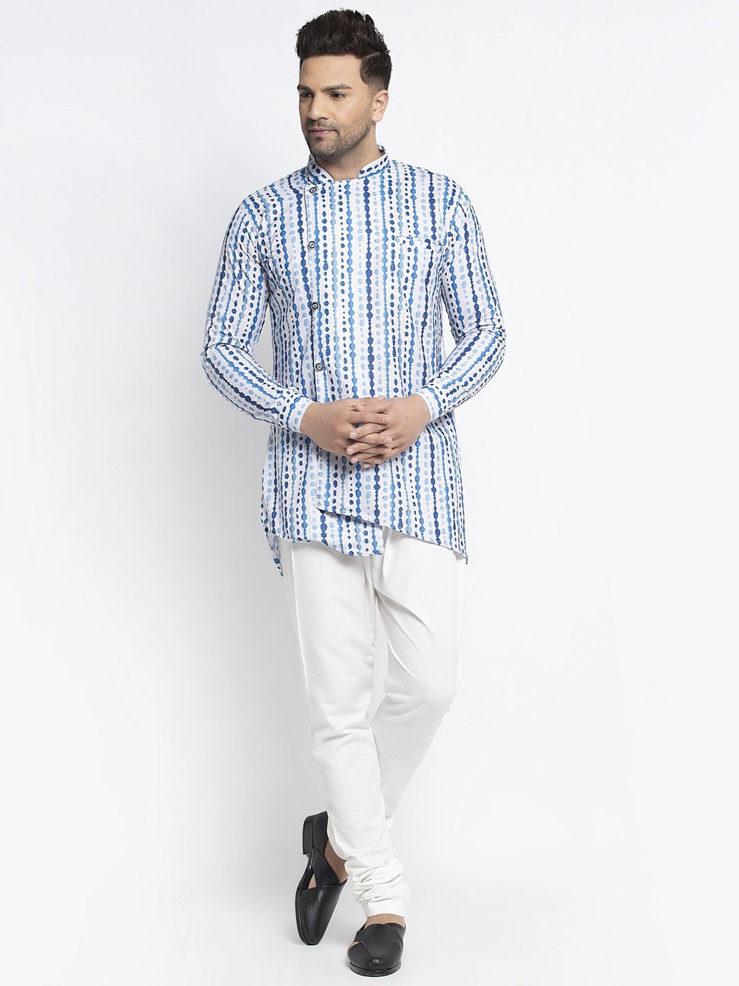 Benstoke Blue & White Cotton Regular Fit Printed Kurta Set