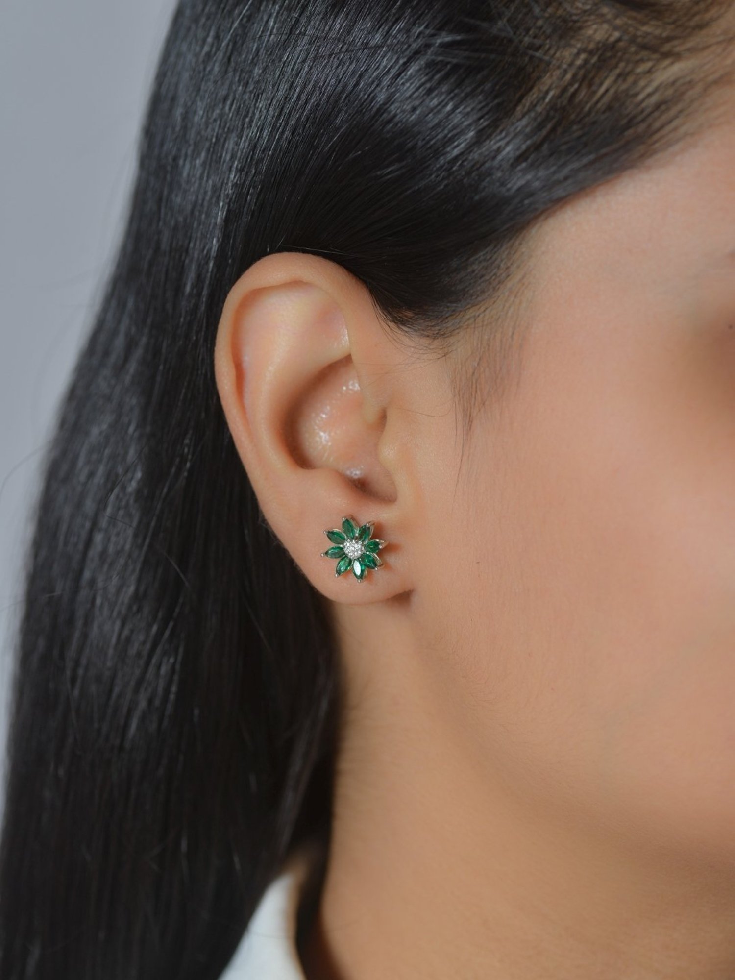 925 Silver Marquise Green Emerald and American Diamond Flower Stud Earrings for Women & Girls
