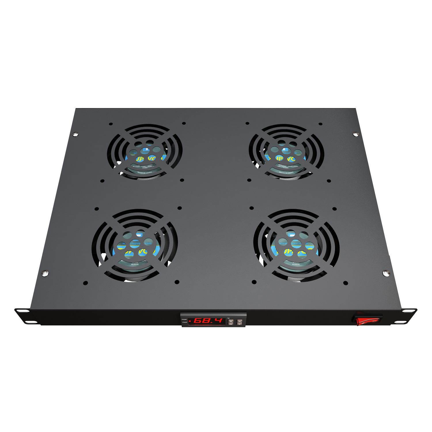 1U 19" Rack Mount Fan - 4 Fans Server Cooling System - Heat Monitor Display
