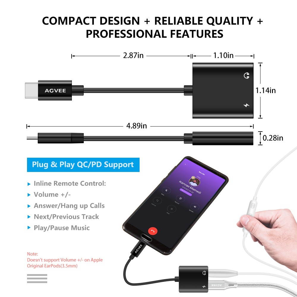 AGVEE 2-in-1 USB-C to 3.5mm Jack Microphone Headphone Adapter, Type-C Mic AUX Earbud Splitter, USBC Audio Earphone Converter, PD Charging Dongle for Samsung S21 S20 Note 20/10, iPad Pro, Pixel, White