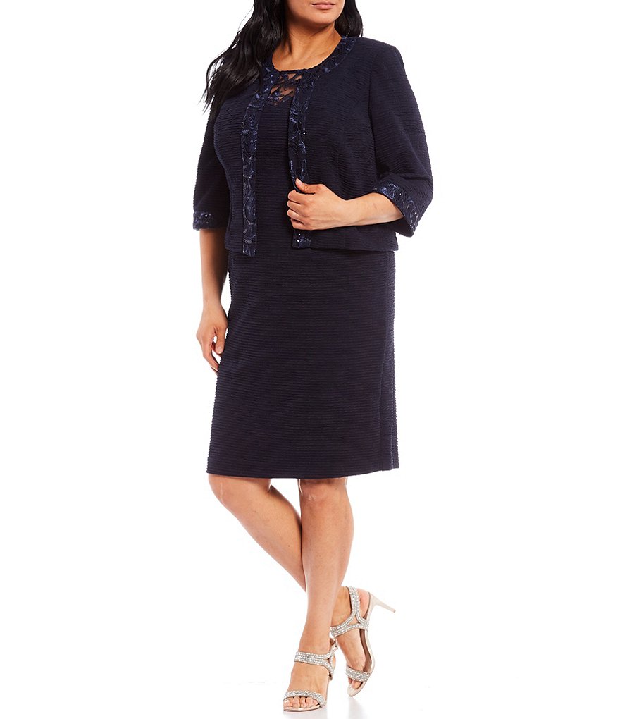 Le Bos Plus Size 3/4 Sleeve Round Neck Embroidered Mesh Trim Textured 2-Piece Jacket Dress