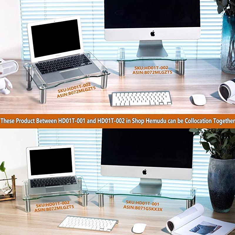 Tempered Glass Computer Monitor Riser with Height Adjustable Multi Media Desktop Stand for Flat Screen LCD LED TV, Laptop/Notebook/Xbox One,HD01T-002