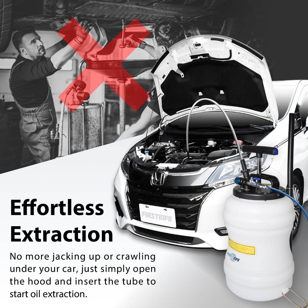 FIRSTINFO Upgraded 10.5 Liter Pneumatic/ Manual Oil Extractor/ Vacuum Pump Oil Changer w/ 6.5ft Brake Fluid Hose with Check Valve + Hoses Storage + Dust Cover
