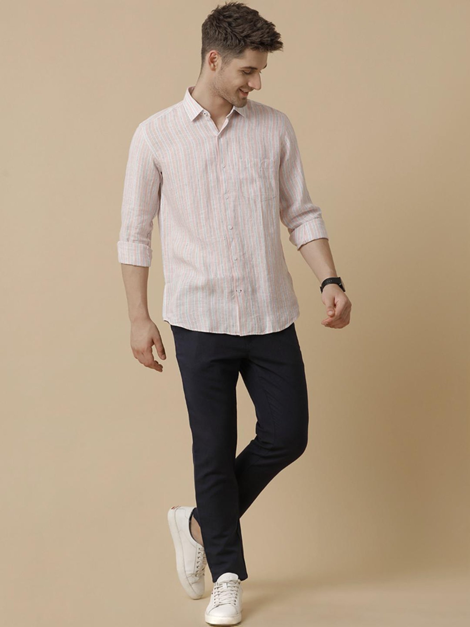 Linen Club Pink Linen Contemporary Fit Striped Shirt