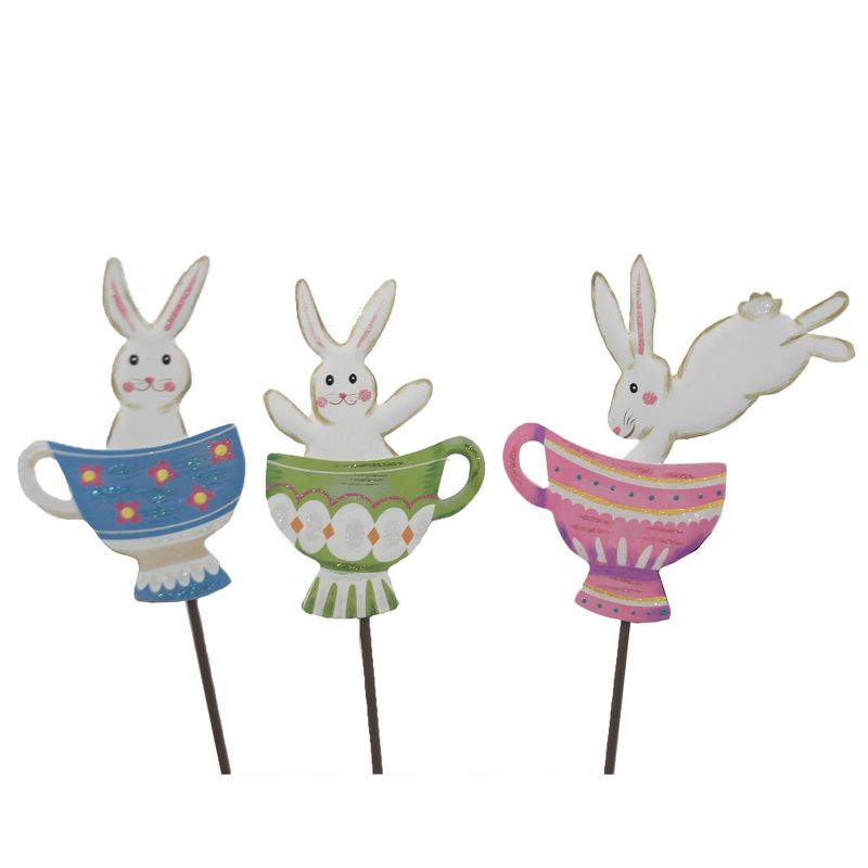 Easter 25.5" Bunny Teacup Trio Garden Spring  -  Decorative Garden Stakes