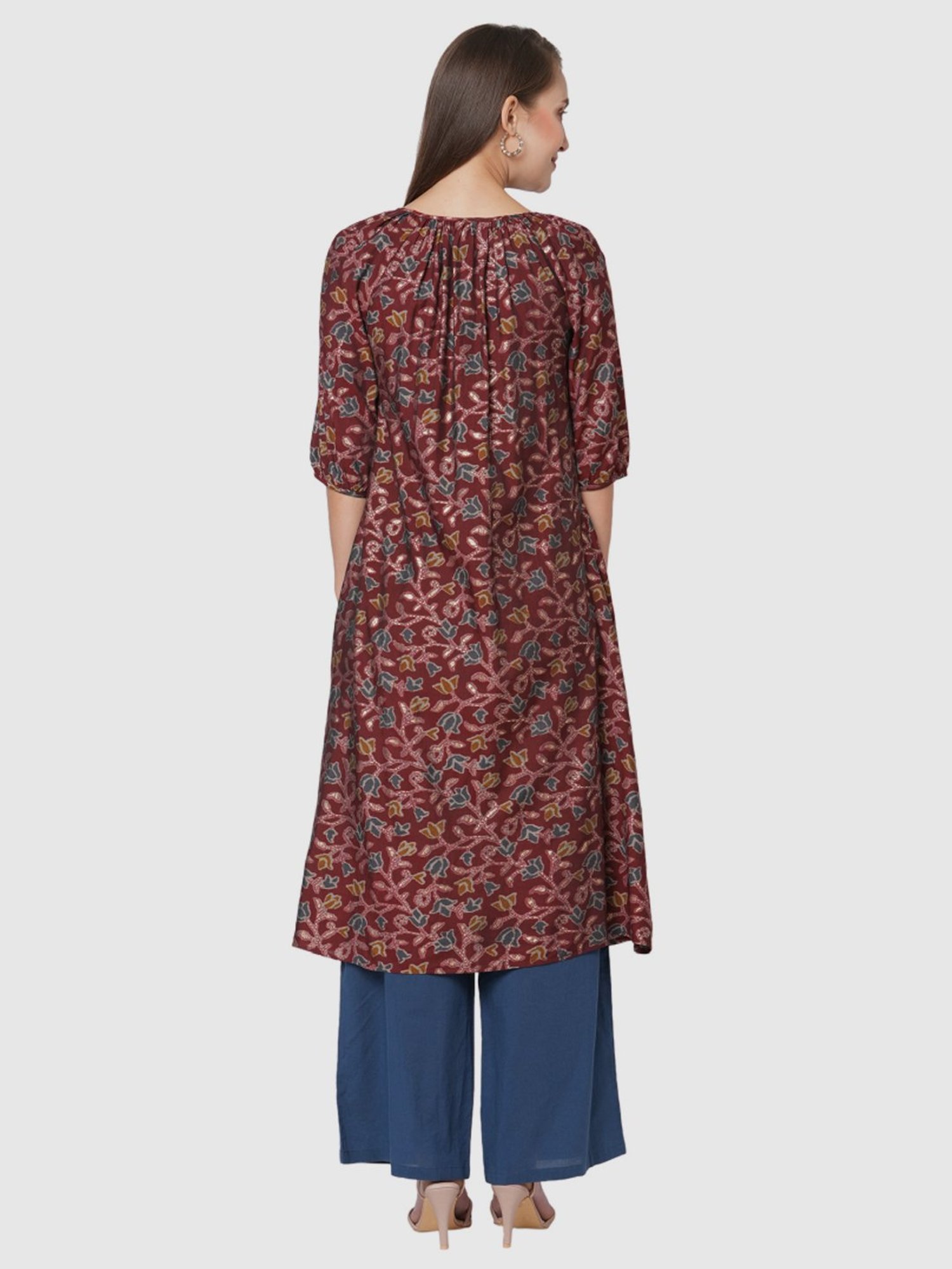 Fusion Beats Maroon Printed A Line Kurta